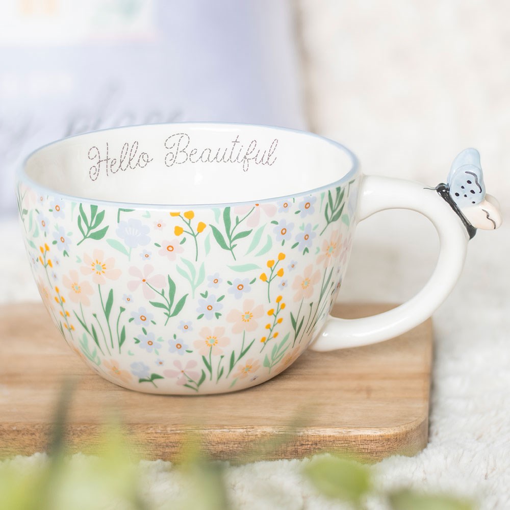 Ditsy Floral Hello Beautiful Mug with Butterfly