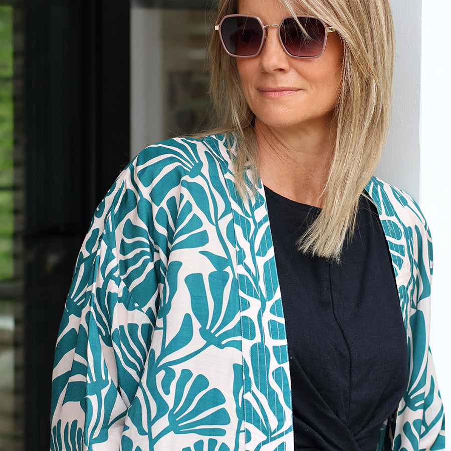 POM Teal Silhouette Print Kimono - More Than Just a Gift | Narborough Hall