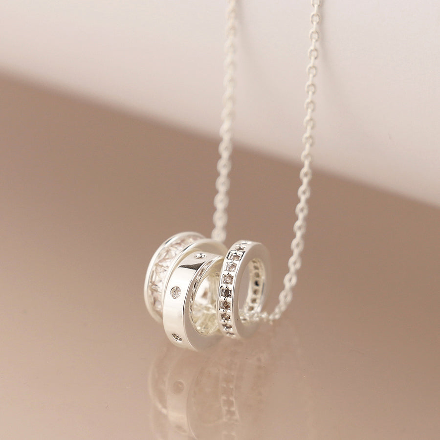 POM Silver Plated Triple Mini Crystal Rings Necklace