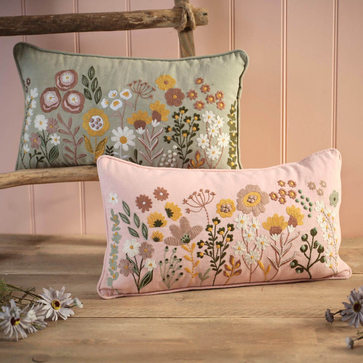Ditsy Floral Cushion with Floral Embroidery