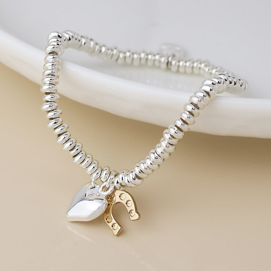 POM Silver Plated Bead, Heart & Golden Horse Shoe Charm Bracelet - More Than Just a Gift | Narborough Hall