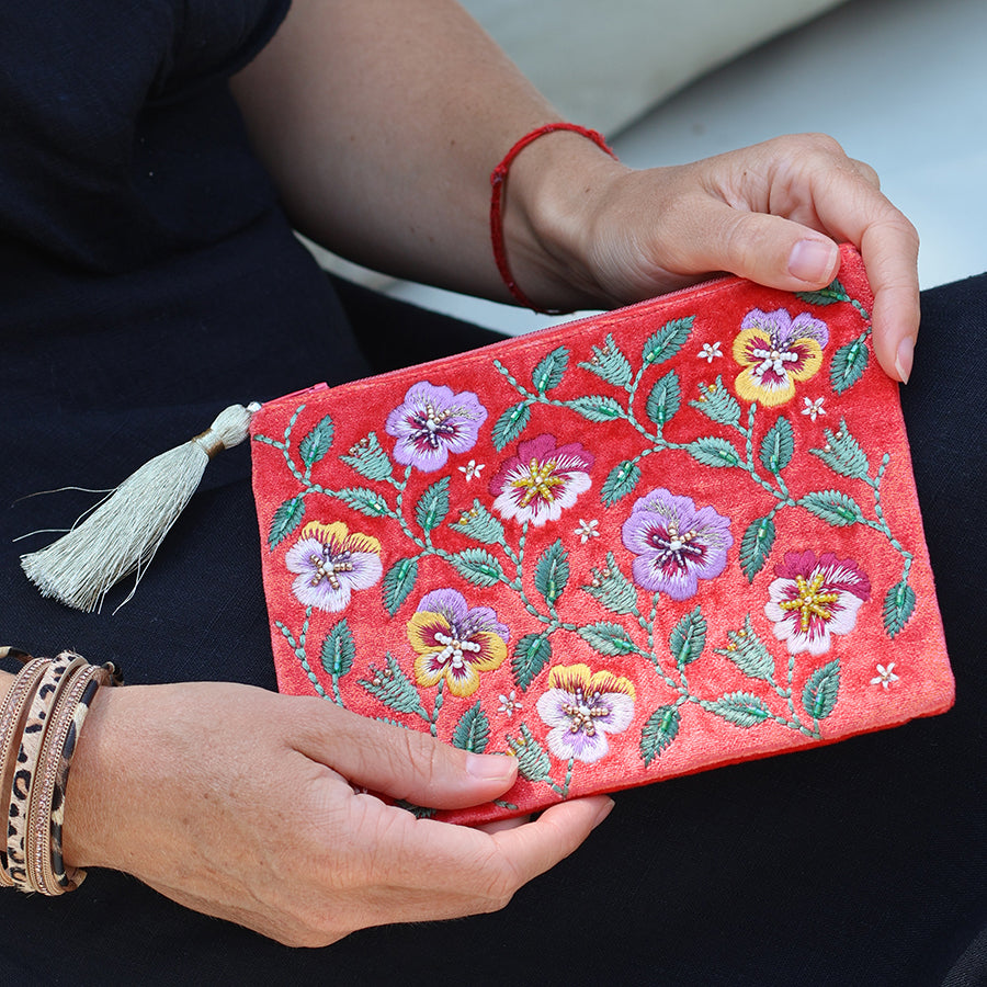 POM Coral Velvet Pansies Zip Purse - More Than Just a Gift | Narborough Hall