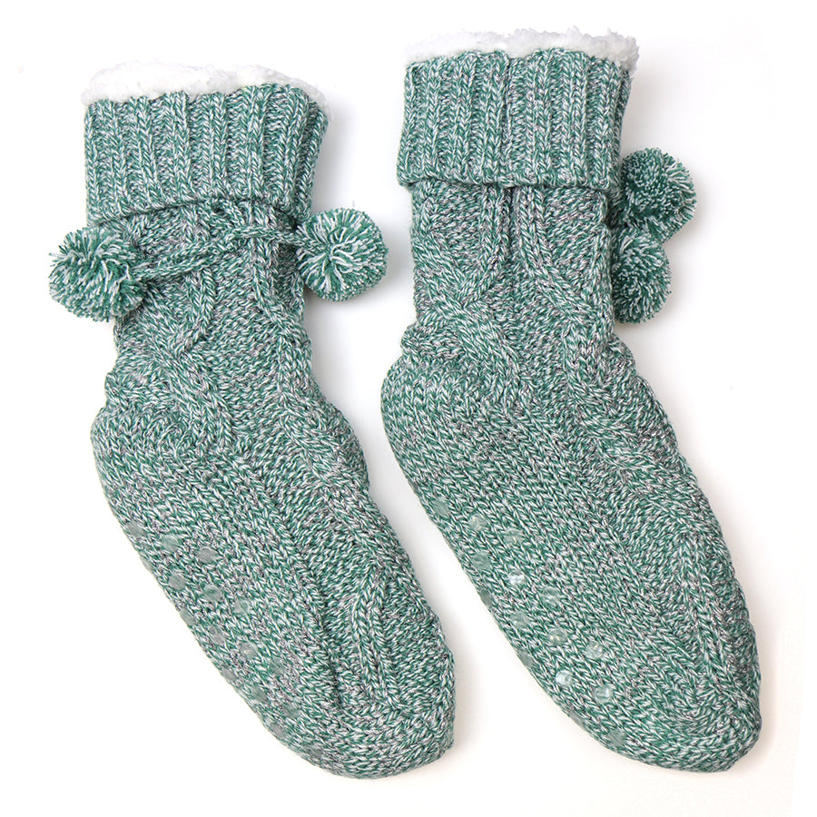 POM Dusky Aqua Cable Knit Sherpa Slipper Socks – More Than Just a - Main Image