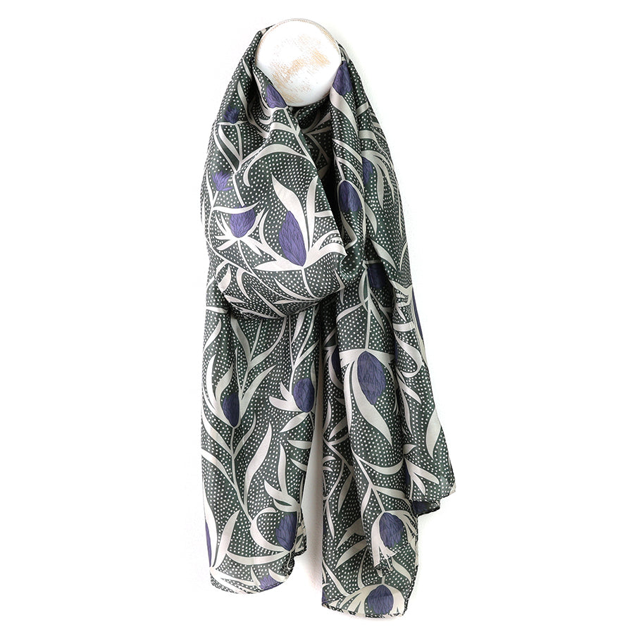POM Recycled Silky Grey Mix Dotty Vine Print Scarf - More Than Just a Gift | Narborough Hall