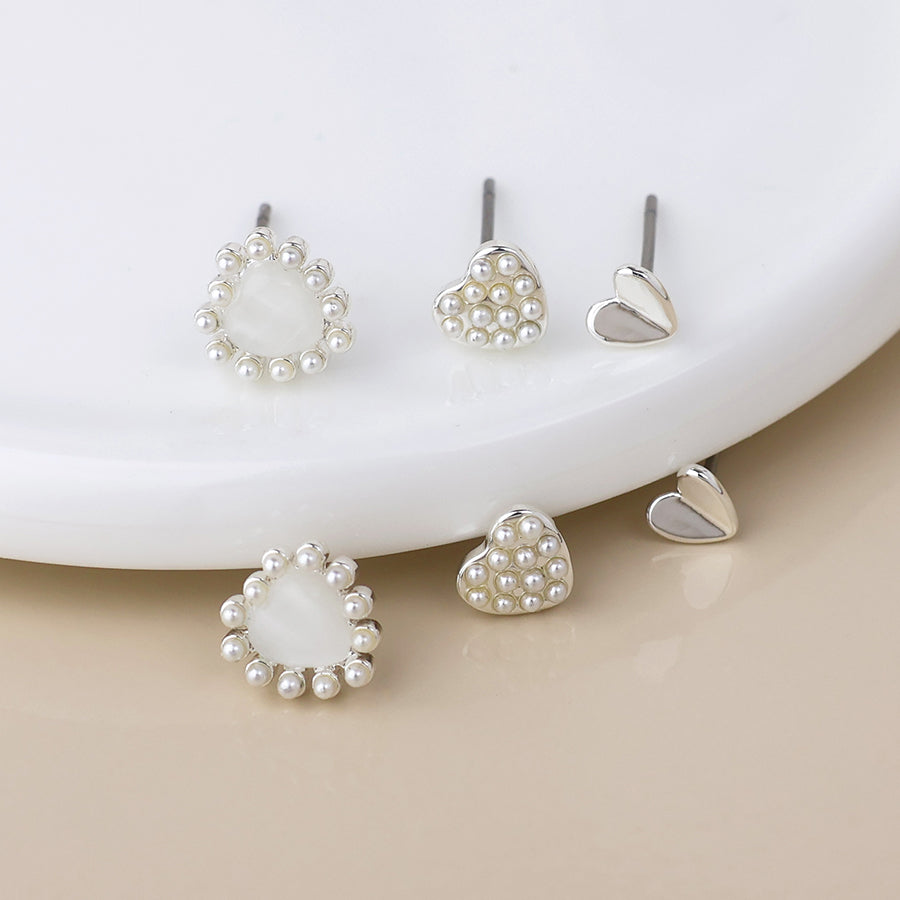 POM Silver Plated Triple Heart & Pearl Stud Earring Set - More Than Just a Gift | Narborough Hall