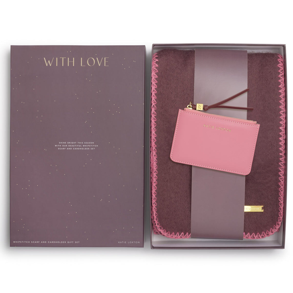 Katie Loxton Slim Whipstitch Scarf & Card Holder Gift Set - Cherry