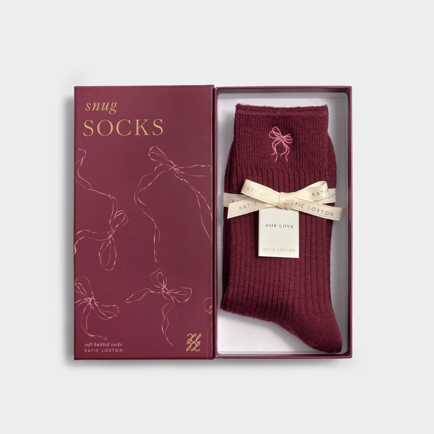 Katie Loxton Gift Boxed Ribbed Bow Socks - Cherry