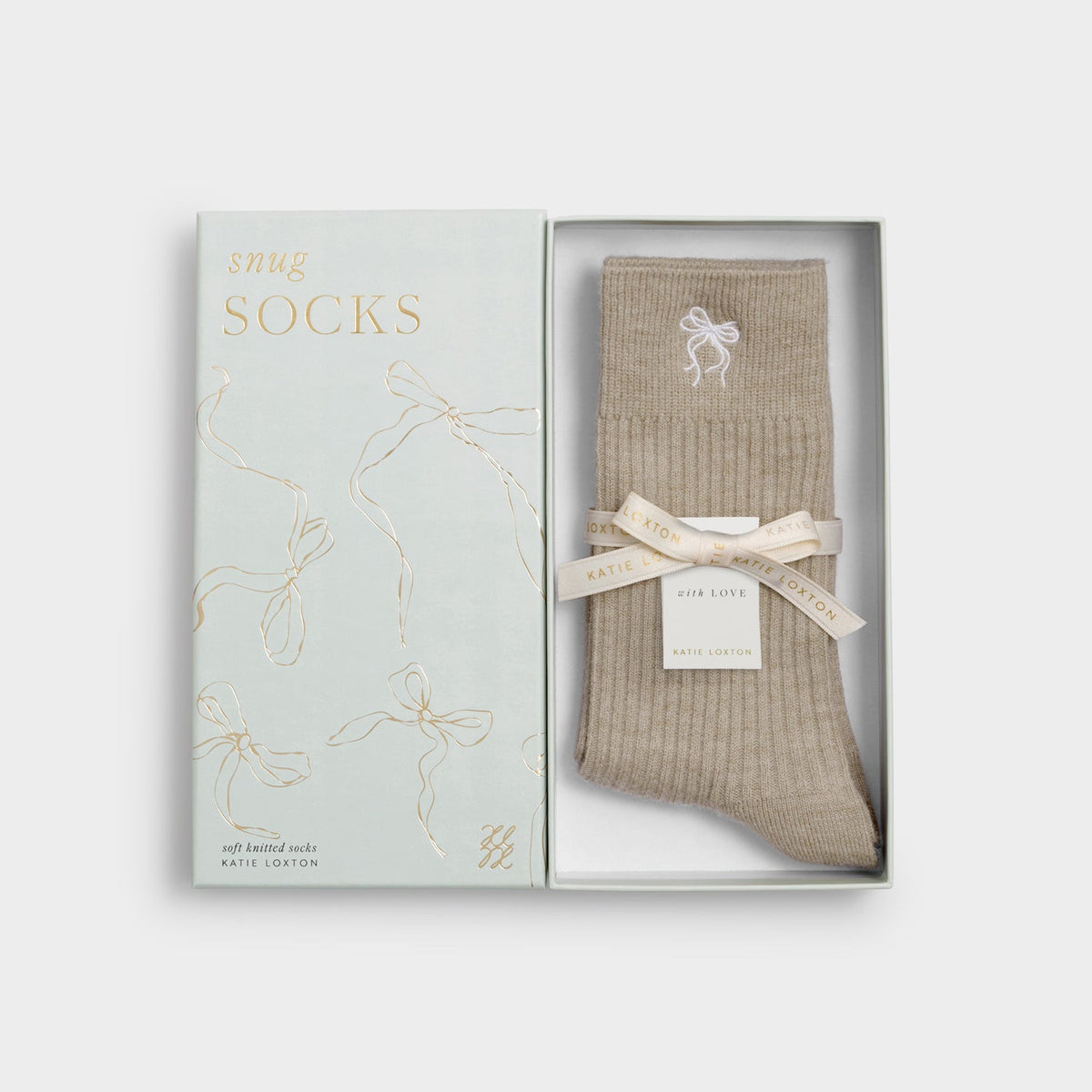 Katie Loxton Gift Boxed Ribbed Bow Socks - Taupe