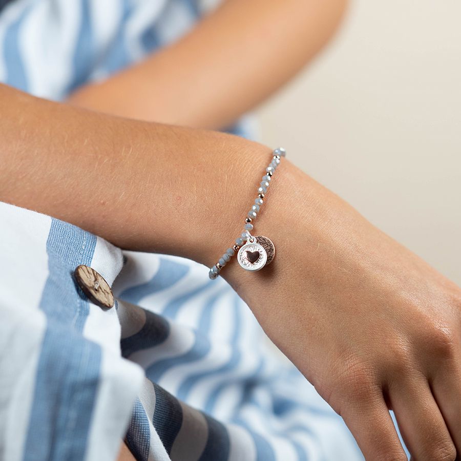 POM Rose Gold Heart Disc Grey Bead Bracelet
