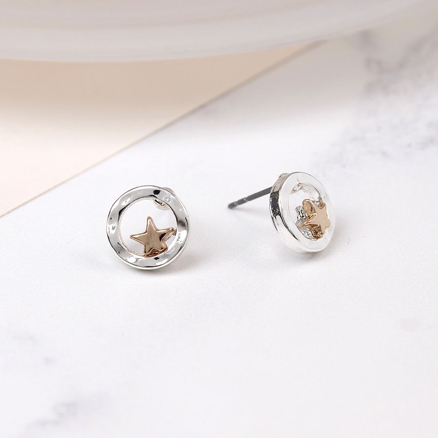 POM Silver Plated Beaten Disc Rose Gold Star Stud Earrings