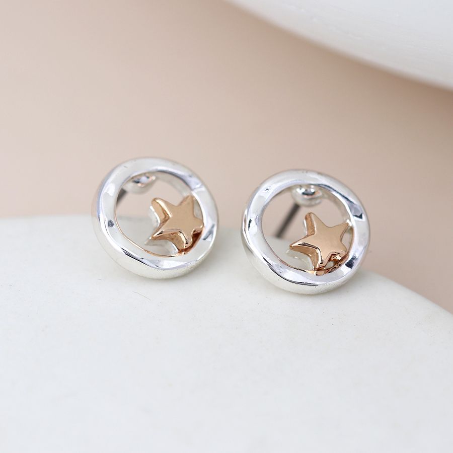 POM Silver Plated Beaten Disc Rose Gold Star Stud Earrings