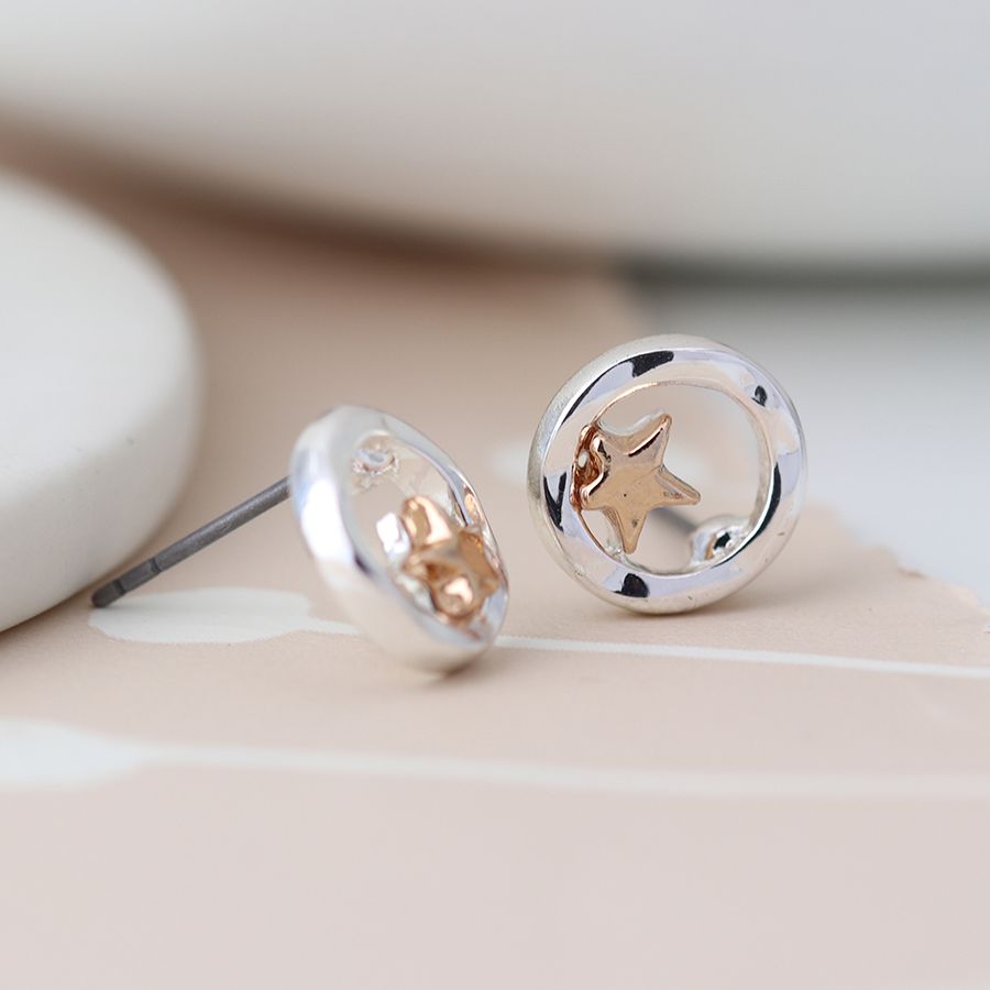 POM Silver Plated Beaten Disc Rose Gold Star Stud Earrings