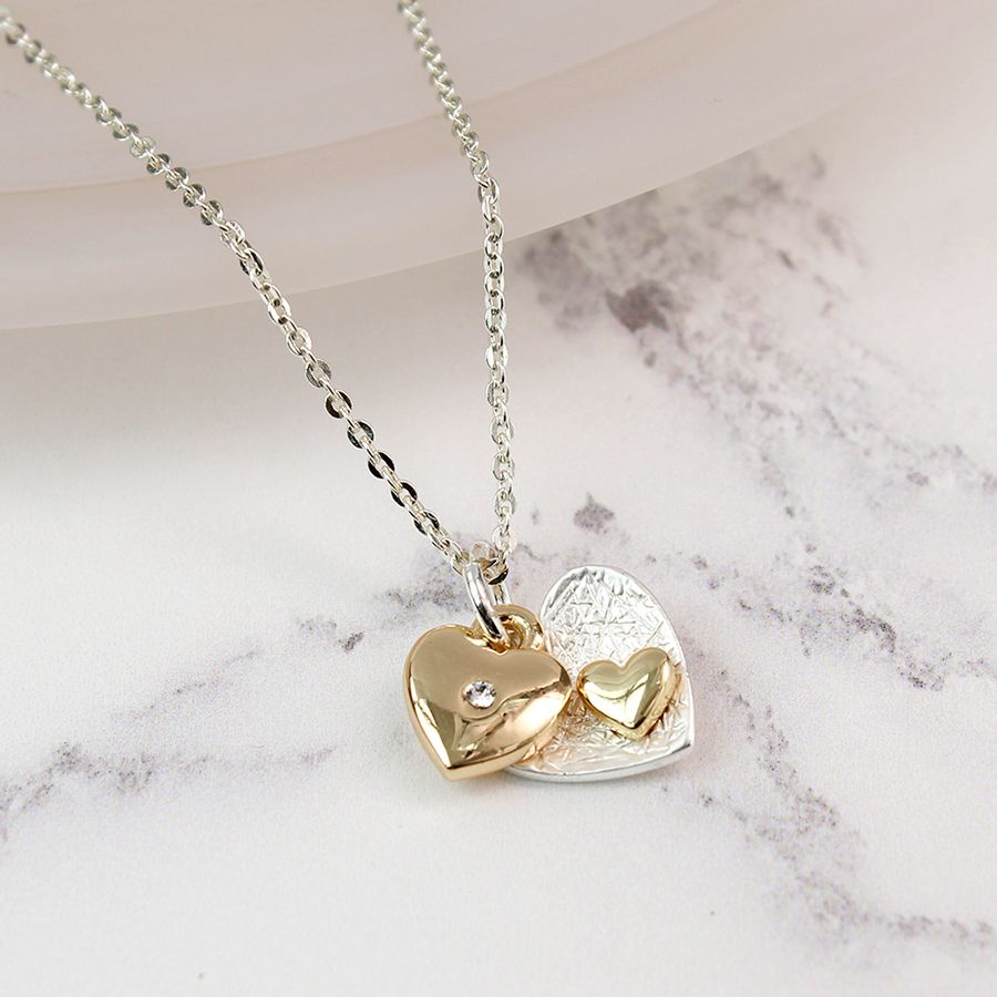 POM Silver & Gold Plated Double Heart Necklace