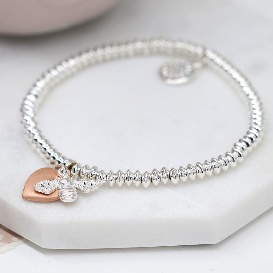POM Bee Bracelet with Rose Gold Heart and Fine Beads