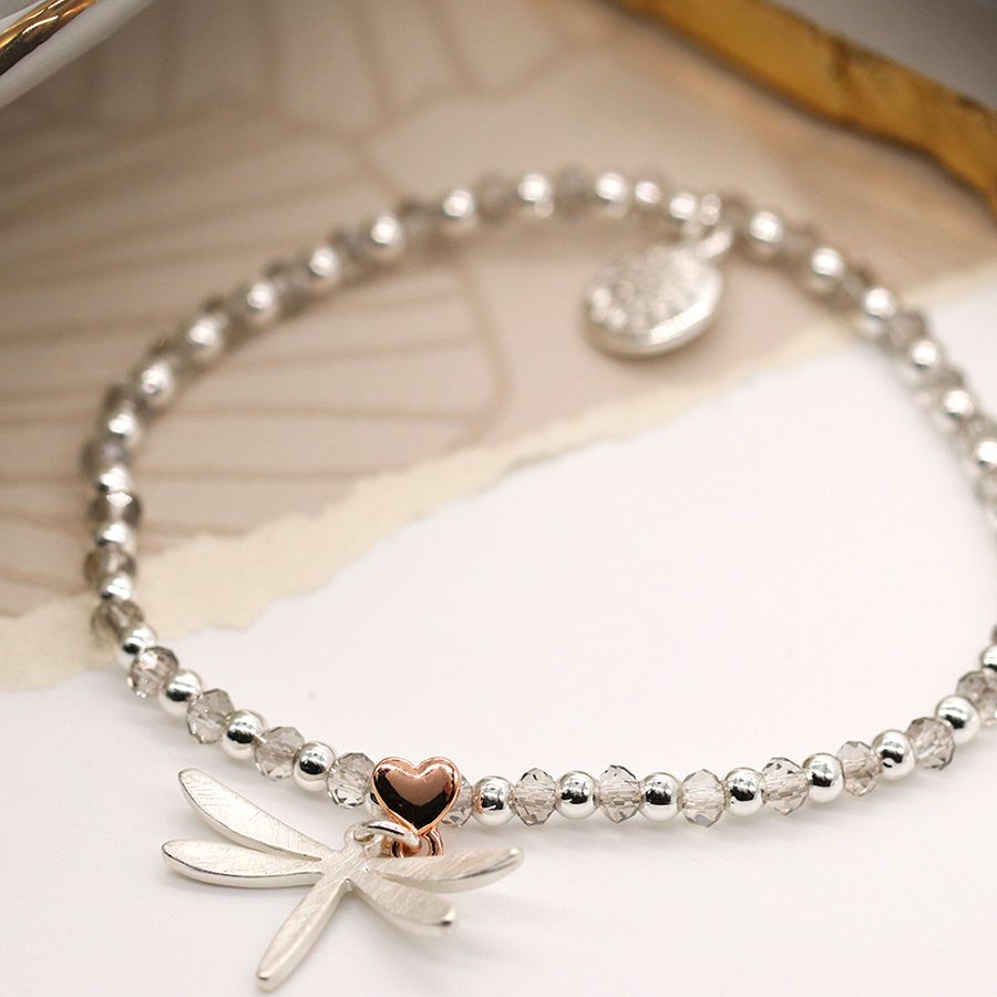 POM Silver Plated Beaded Bracelet With Matt Dragonfly Charm