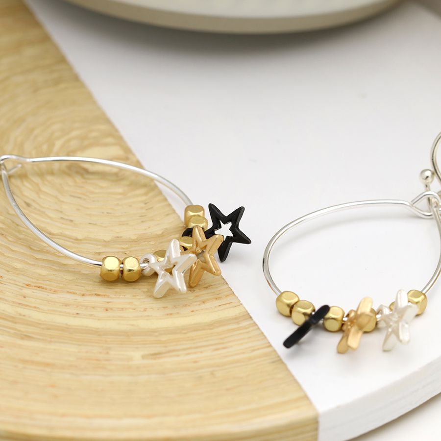 POM Silver Plated Wire Earrings with 3 Colour Stars & Beads