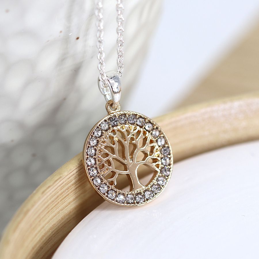 POM Silver Plated Chain With Gold Plated Crystal Set Tree Of Life Pendant