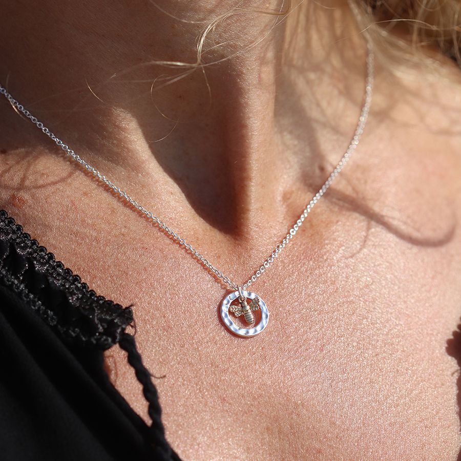 POM Silver Plated Hammered Hoop And Golden Bee Necklace