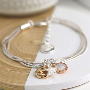 POM Triple Layer Silver Plated Chain Bracelet With Star, Mop Stars Disc And Glass Crystal