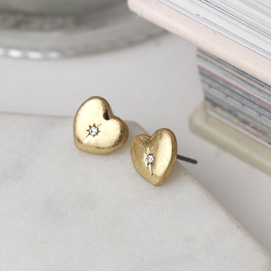 POM Golden Worn Heart and Crystal Earrings