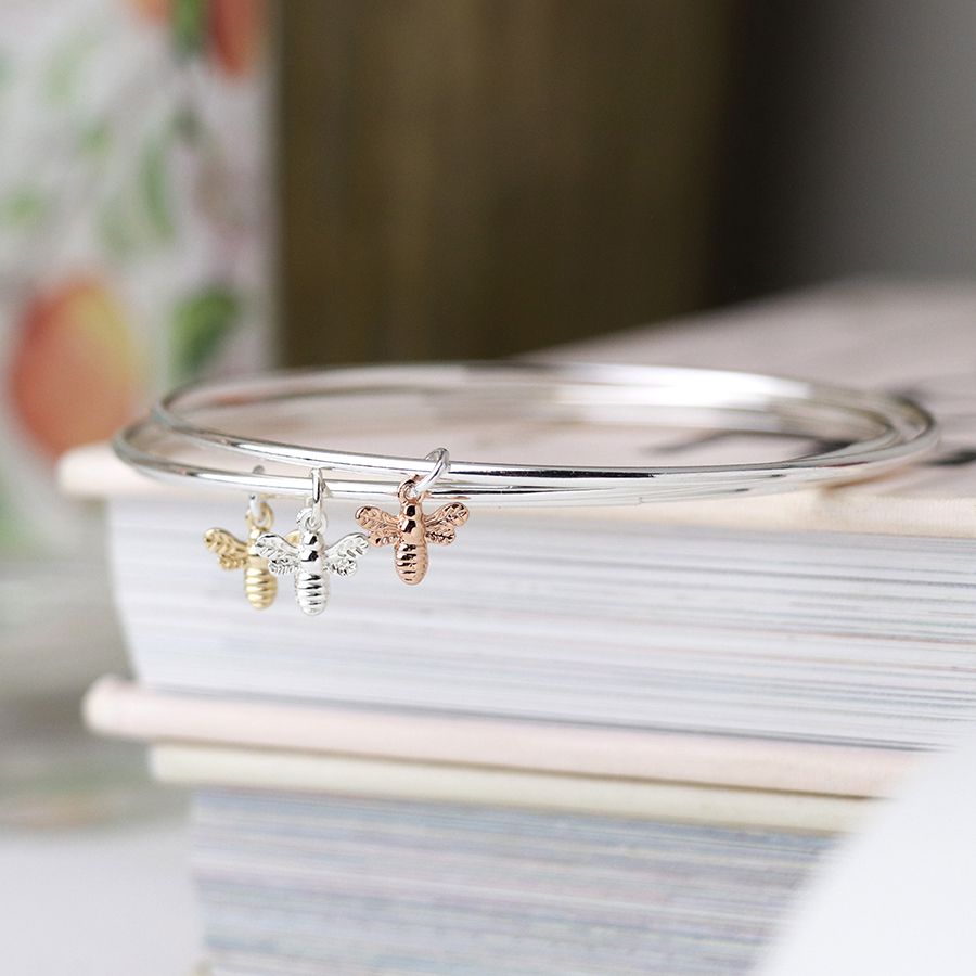 POM Silver Plated Three Strand Bangle With Bees In Three Colour Metals