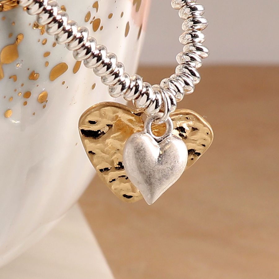 POM Silver Plated Bead Bracelet with Golden Hammered Heart and Silver Puff Heart