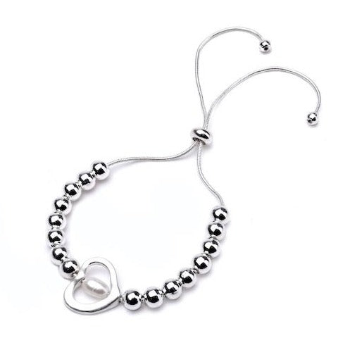 Heart Fresh Water Pearl Adjustable Bracelet - Silver