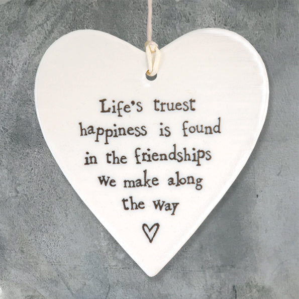 East of India Porcelain Hanging Heart- Life’s truest happiness