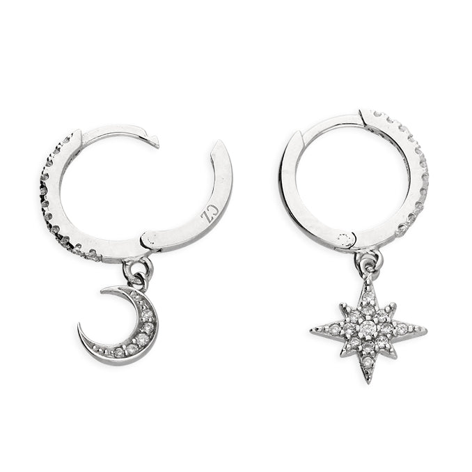 Sterling Silver CZ Star & Moon Huggie Earrings