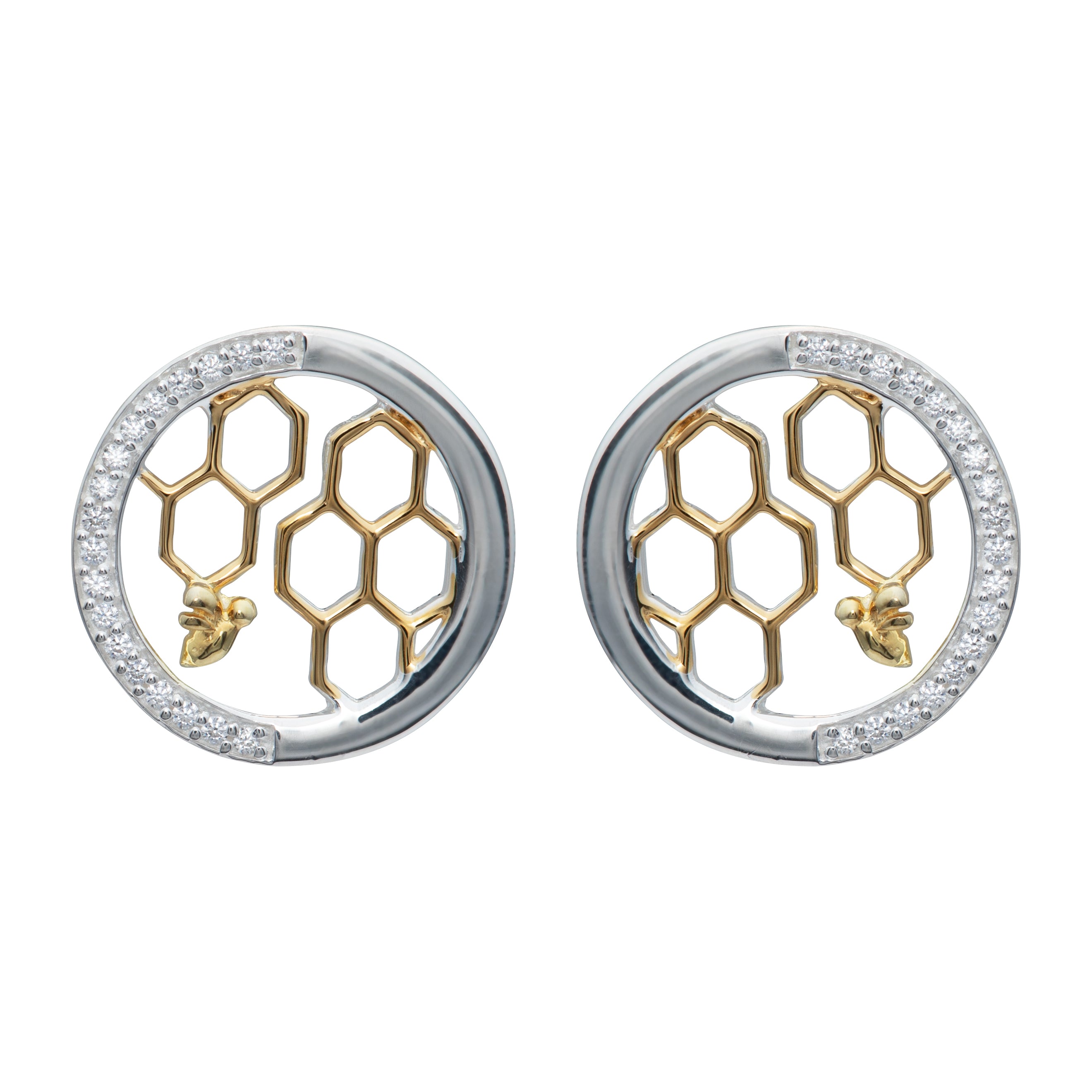 Unique & Co Sterling Silver, Yellow Gold and CZ Honeycomb Circle Earrings