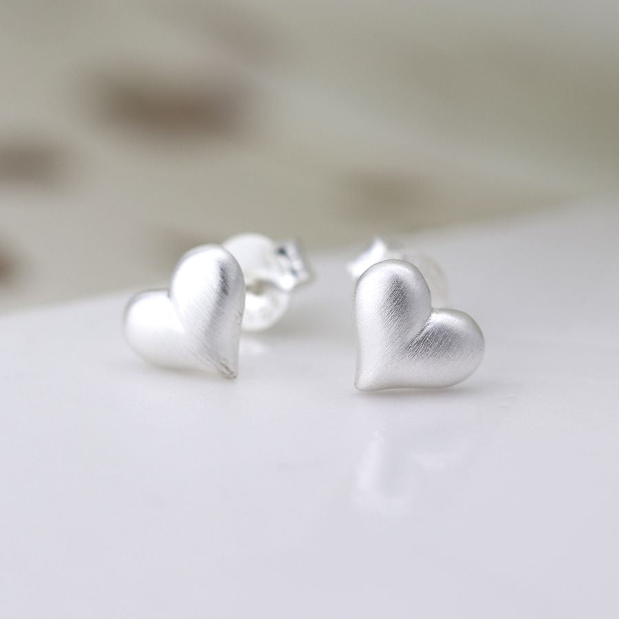 POM Sterling Silver Brushed Heart Stud Earrings