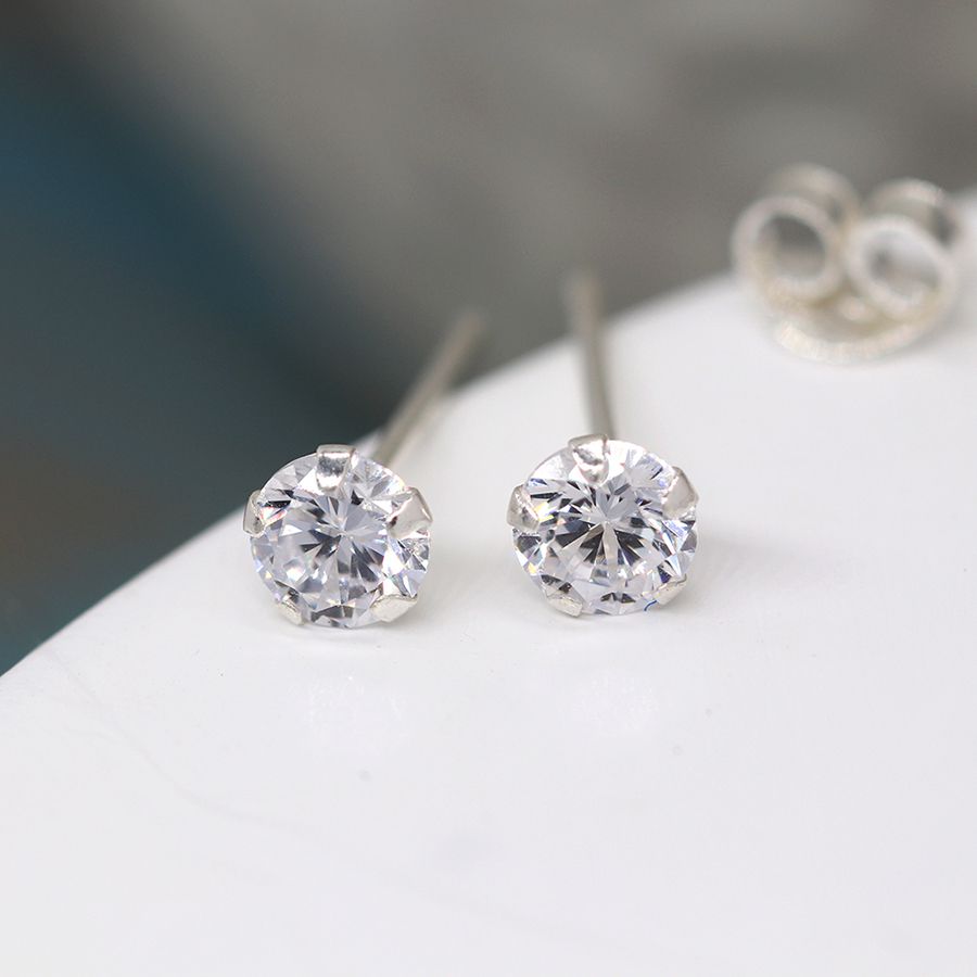 POM Sterling Silver Clear Crystal Round Stud Earrings