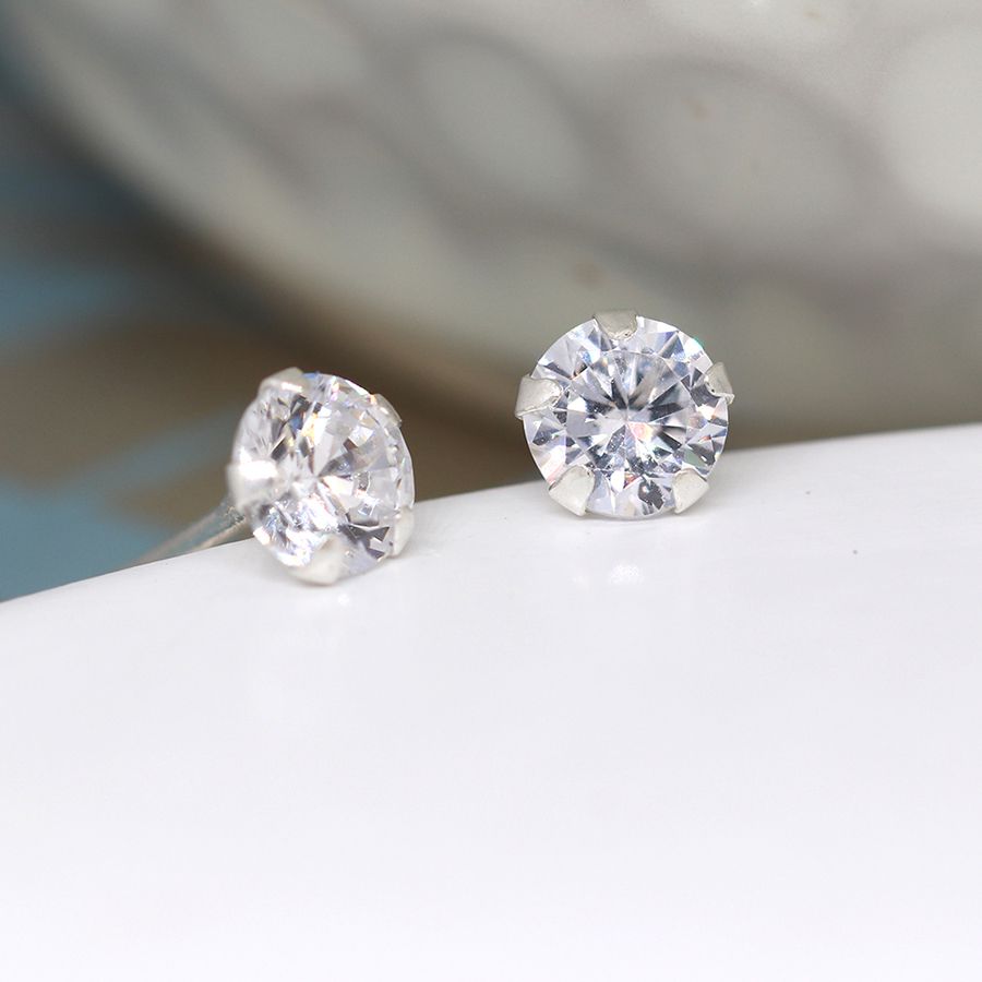 POM Sterling Silver Clear Crystal Round Stud Earrings