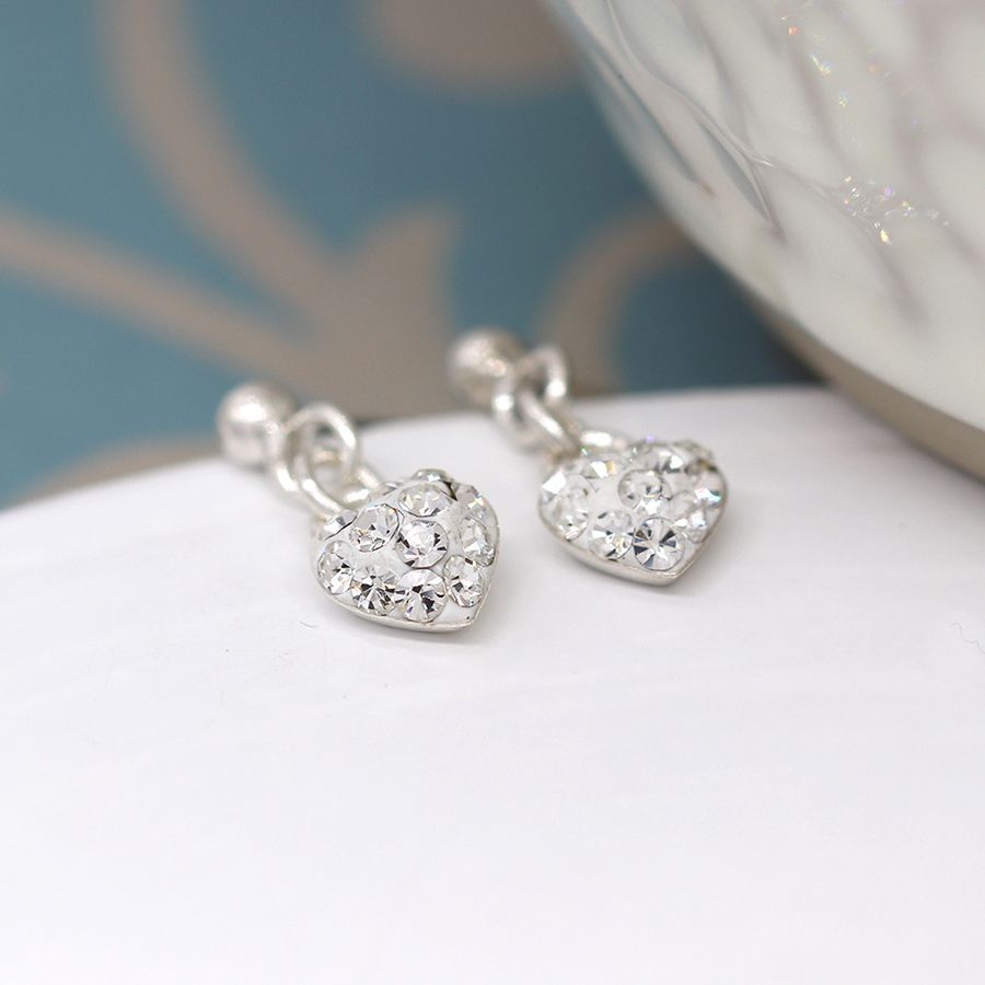 POM Sterling Silver Crystal Heart Drop Earrings