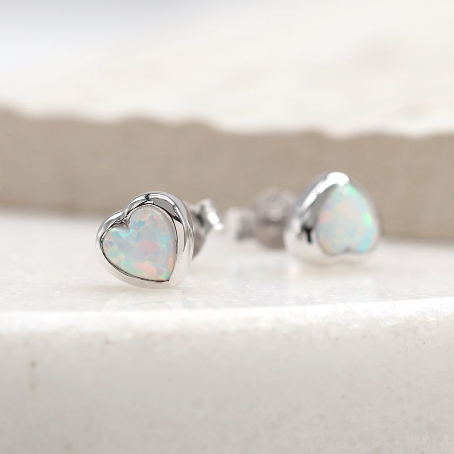 POM Sterling Silver Opal Heart Stud Earrings