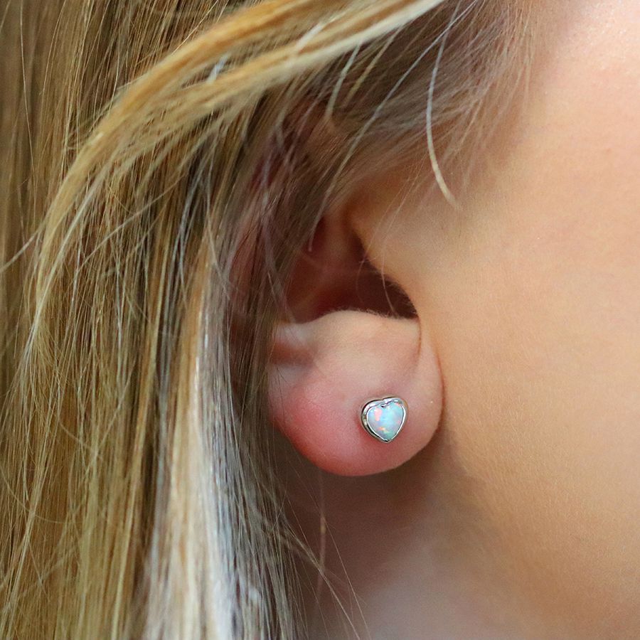 POM Sterling Silver Opal Heart Stud Earrings