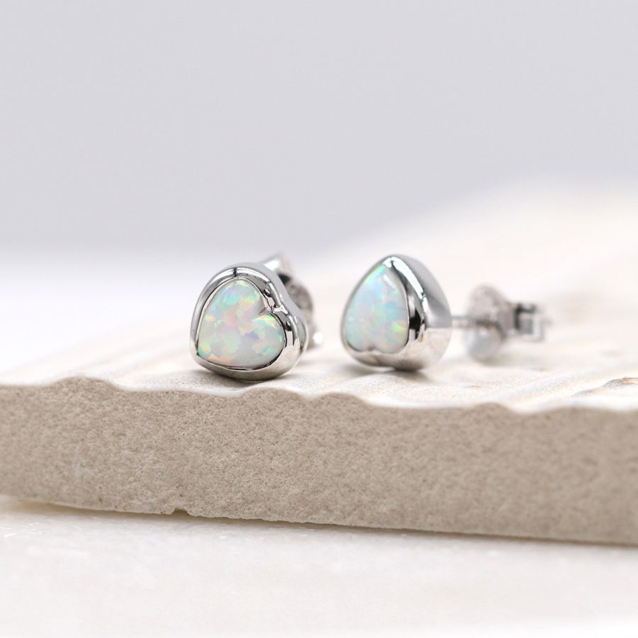 POM Sterling Silver Opal Heart Stud Earrings