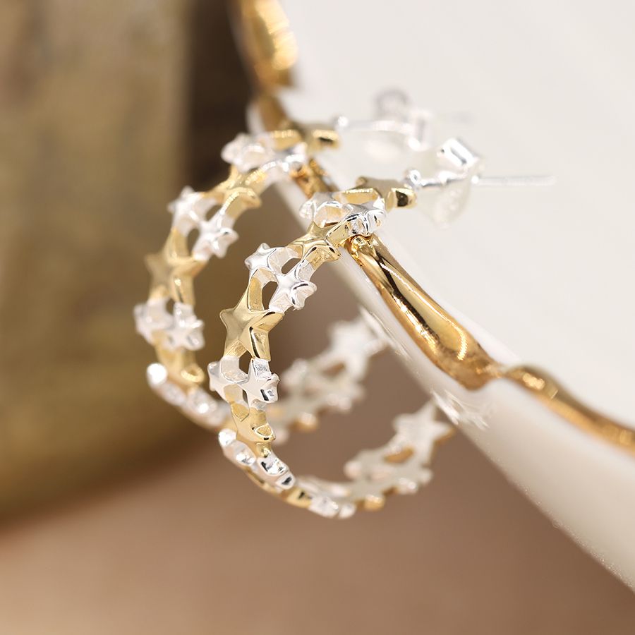 POM Sterling Silver Gold Plated Multi Star Hoop Earrings