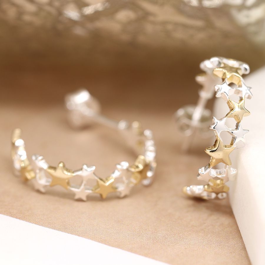 POM Sterling Silver Gold Plated Multi Star Hoop Earrings