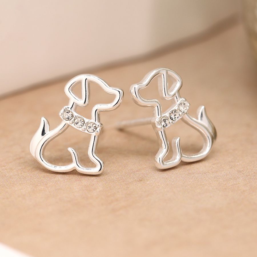 POM Sterling Silver Dog Stud CZ Earrings