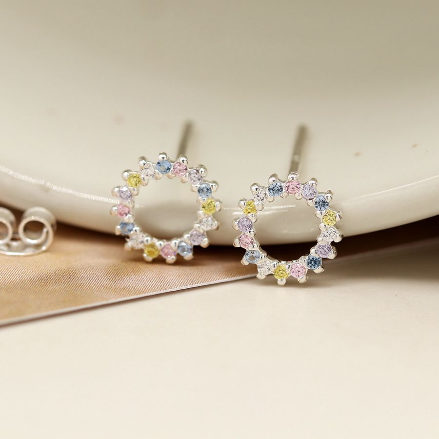 POM Sterling Silver Rainbow Crystal Circle Stud Earrings