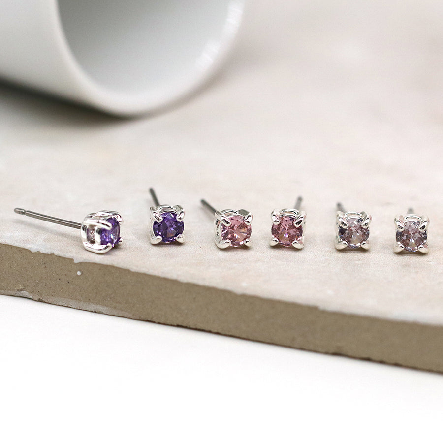 POM Lilac-Pink Mix 3 Pair Pack Crystal Set Studs