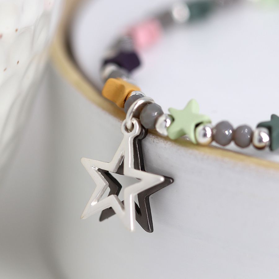 POM Grey Mix And Star Bead Bracelet With Double Star Charms