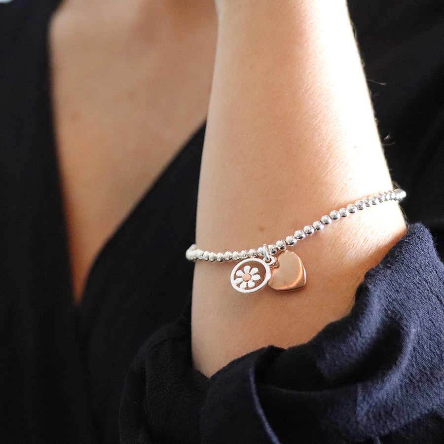 POM Silver Plated Daisy & Heart Bracelet