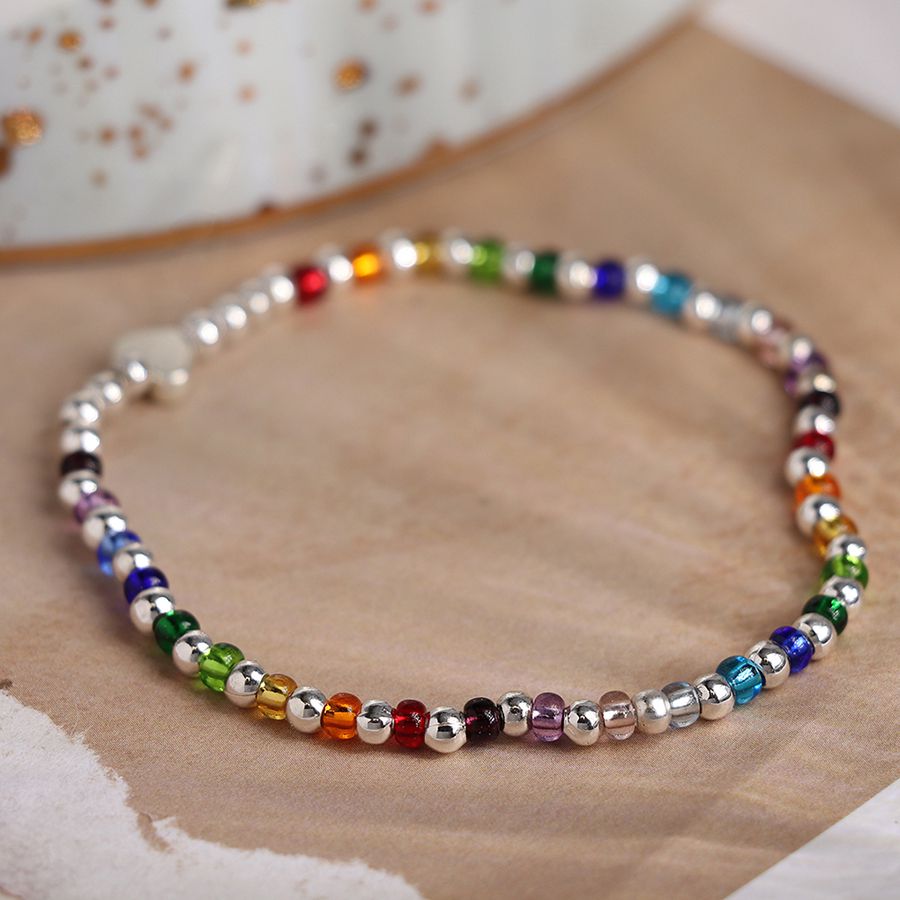 POM Silver Plated Rainbow Glass Bead Bracelet