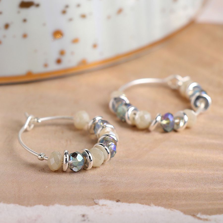 POM Silver Plated Hoop Earrings with Ivory and Blue Beads