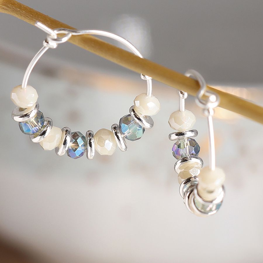 POM Silver Plated Hoop Earrings with Ivory and Blue Beads