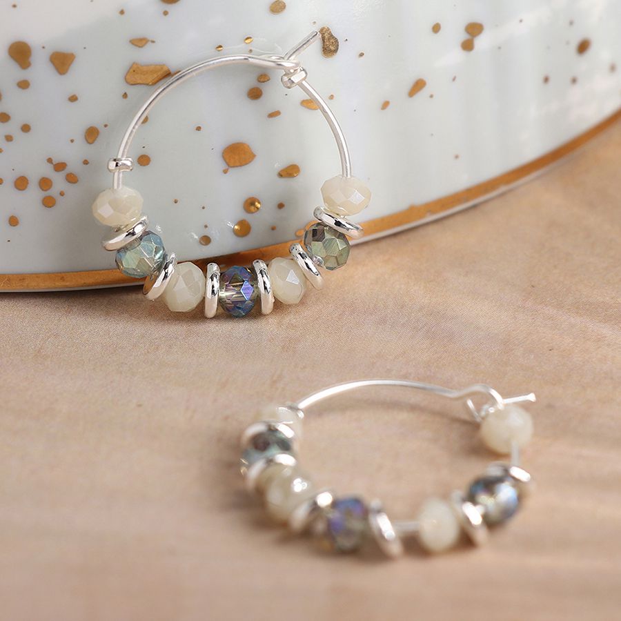 POM Silver Plated Hoop Earrings with Ivory and Blue Beads