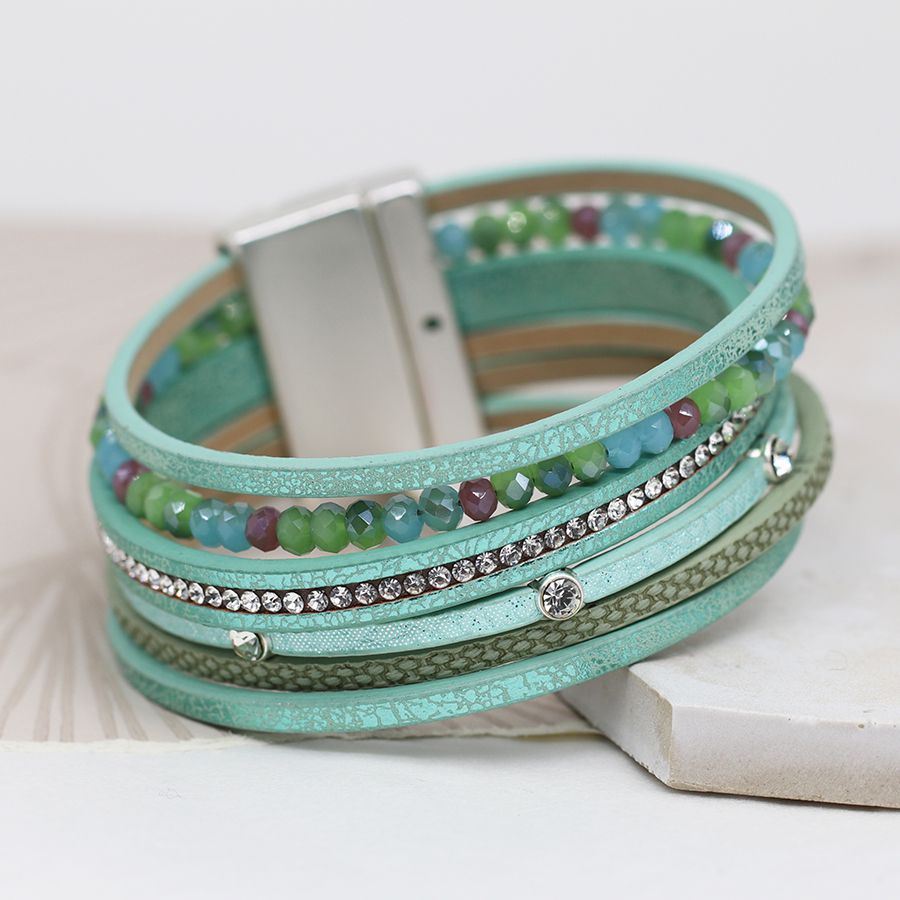 POM Aqua Leather Bracelet with Mixed Beads and Crystals