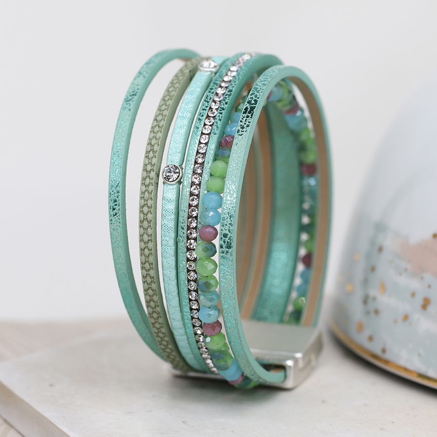 POM Aqua Leather Bracelet with Mixed Beads and Crystals